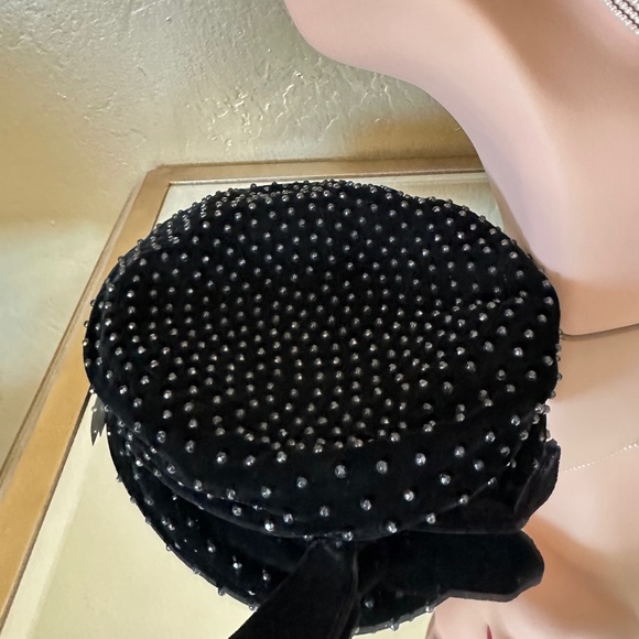 TIMELESS VINTAGE BLACK VELVET BERET STUDDED WITH BLACK BEADS & FRONTB BOW main image 13